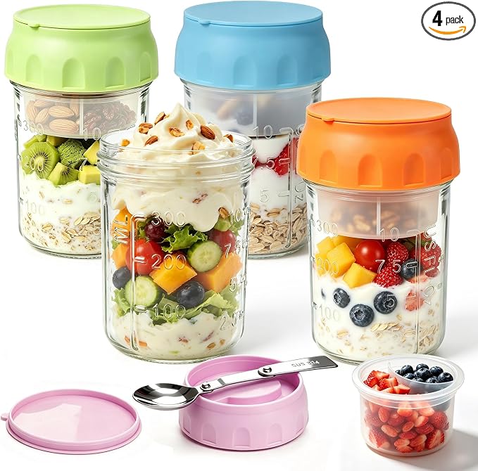 Overnight Oats Containers with Lids & Spoon 4 Pack 16oz, Leak-Proof Glass Over night Oat Jars with Divided Compartments for Fruit & Nuts, Meal Prep Mason Jars for Oatmeal Yogurt Chia Seed Pudding