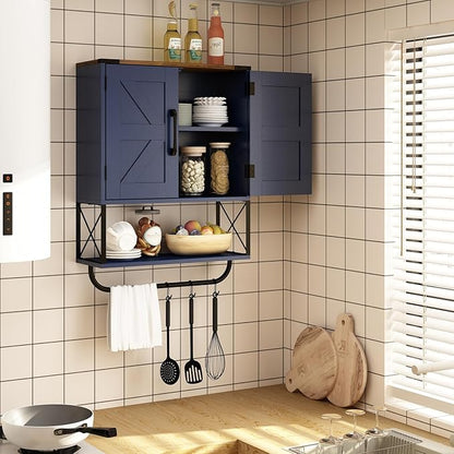 RUSTOWN Farmhouse Medicine Cabinet with 2 Barn Door, Boho Wood Wall Mounted Storage Cabinet with Adjustable Shelf and Towel Bar, 3-Tier Bathroom Cabinet for Bathroom (Navy Blue and Walnut)