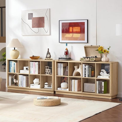 8 Cube Storage Book Shelf, 52" Long Horizontal Bookshelf with Curved Edge, Floor Standing Wooden Cubby Bookcase with Base, Modern Low Console Book Case, TV Stand for Living Room, Natural Oak