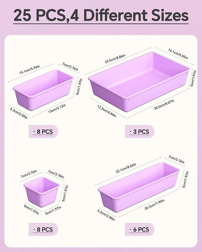 KEMETHY 25 PCS Plastic Drawer Organizers Set, 4 Sizes Vanity Organizer, Makeup and Desk Drawer Organizer Trays, Organization and Storage for Makeup, Bathroom, Kitchen Utensils and Office (Purple)