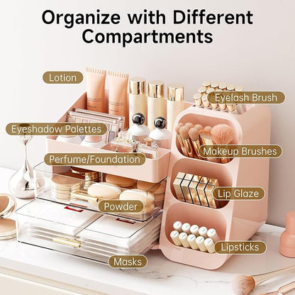 Makeup Organizer for Vanity with Brush Holder, Countertop Skincare Organizer with 2 Drawers, Spacious Cosmetic Display Case for Perfumes, Eyeshadow Palettes, Nail Polishes