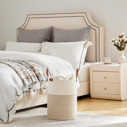VIPOSCO Small Laundry Basket, Slim Baby Hamper with Leather Handle, Cute Woven Rope Storage Basket for Blanket, Kids Toy, Clothes In Living Room, Bathroom, Bedroom, Nursery Room - 30L White & Brown