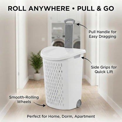 Wheeled Plastic Laundry Hamper,Ultra Wheeled Design Clothes Laundry Basket,Extra Large 135L Pull Handle & Side Grips Plastic Ventilated Clothes Basket for Home, Dorm, or Apartment