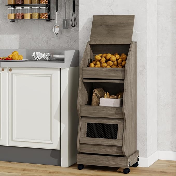 ARTETHYS Potato and Onion Storage Bin with Wheels Gray Set of 2 Movable Bread Box with Lid Onion Organizer with Grocery Section Decorative Vegetable Organization Cabinet for Kitchen