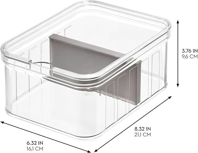 iDesign Small Fridge Organizer Bin with Removable Divider and Lid - Set of 6 - Clear/Gray