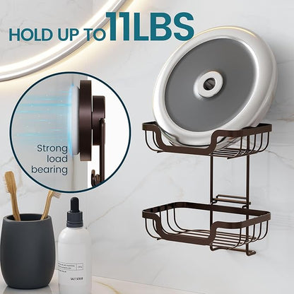 TAILI Double Layer Soap Holder, Bar Soap Dish Suction Cup for Shower Wall, Draining Saver Tray for Bathroom, Rustproof Stainless Steel Sponge Holder for Tub, Kitchen, Drill-Free, Brown