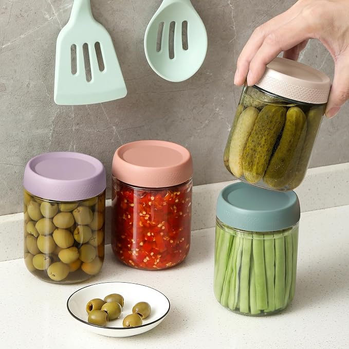 NETANY 4-pack 16oz Glass jars with Airtight Lids, Overnight Oats Containers with Lids, Wide mouth Mason Salad jars, Glass Food Storage Containers for Snacks Yogurt Spice Sugar