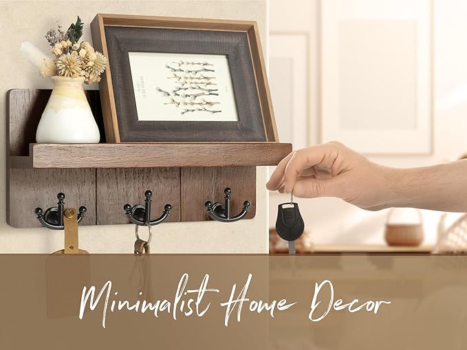 Rebee Vision Farmhouse Key Holder for Wall with Shelf: Decorative Mail Organizer and Key Rack Wall Mount with 3 Anchor Hooks - Rustic Entryway Decor (Retro Brown)