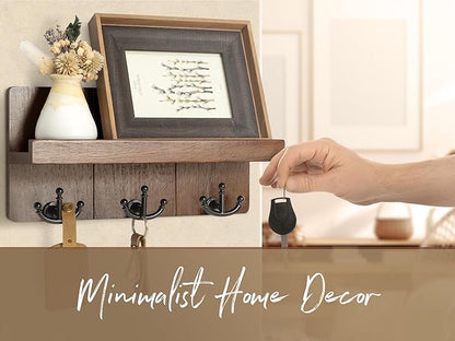 Rebee Vision Farmhouse Key Holder for Wall with Shelf: Decorative Mail Organizer and Key Rack Wall Mount with 3 Anchor Hooks - Rustic Entryway Decor (Retro Brown)