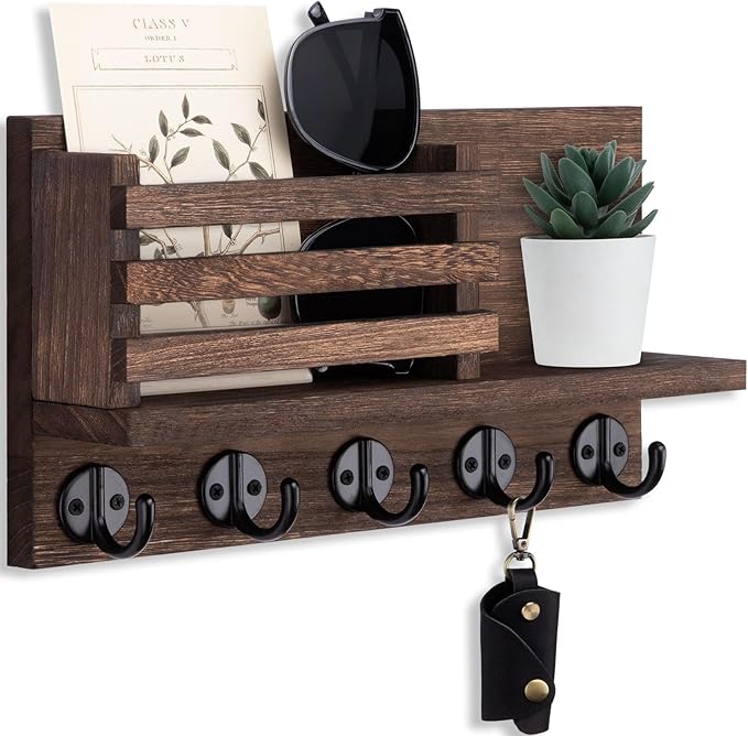 Lwenki Key Holder for Wall – Decorative Wooden Mail Holder and Key Shelf with Mounting Hardware, Installation Guide – Paulownia Wood with Metal Key Hooks (Brown, Large - 11.8inch)