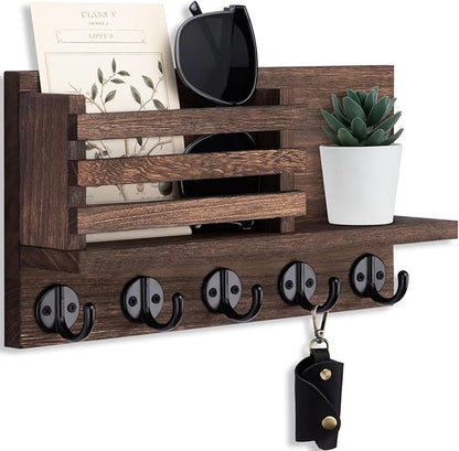 Lwenki Key Holder for Wall – Decorative Wooden Mail Holder and Key Shelf with Mounting Hardware, Installation Guide – Paulownia Wood with Metal Key Hooks (Brown, Large - 11.8inch)