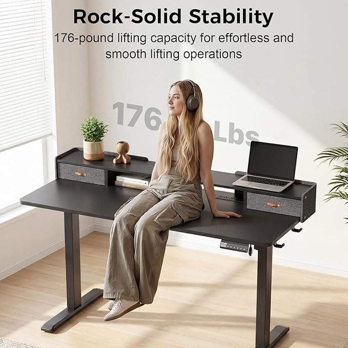 Electric Standing Desk with Drawers, 55 Inch Height Adjustable Desk with Power Outlets & LED Lights, Sit Stand Table with Monitor Stand for Home, Office, Black