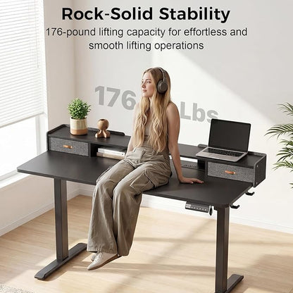 Electric Standing Desk with Drawers, 55 Inch Height Adjustable Desk with Power Outlets & LED Lights, Sit Stand Table with Monitor Stand for Home, Office, Black