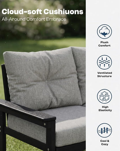 HDPE Patio Sofa Set, 4-Piece Sectional Outdoor Patio Furniture Set, All Weather Outdoor Couch Set with Coffee Table & Grey Washable Thick Cushions for Balcony, Porch (Black Frame)