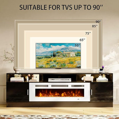 MXV 78" Fireplace TV Stand with Power Outlet for TVs UP to 90", Electric Fireplace Entertainment Center with LED Lights & Storage Cabinets, TV Console for Living Room, Office, Black-White