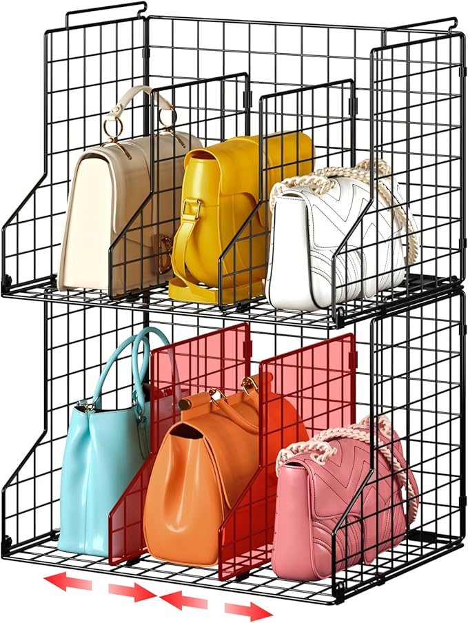 Sonyabecca Purse Organizer for Closet,2-Pack Adjustable&Stackable Purse Storage Organizer Dividers for Open Cabinets,Wire Storage Baskets for Purses/Handbags/Clutches-Black