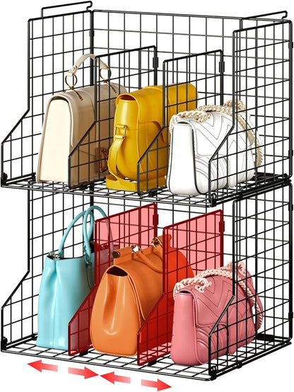 Sonyabecca Purse Organizer for Closet,2-Pack Adjustable&Stackable Purse Storage Organizer Dividers for Open Cabinets,Wire Storage Baskets for Purses/Handbags/Clutches-Black