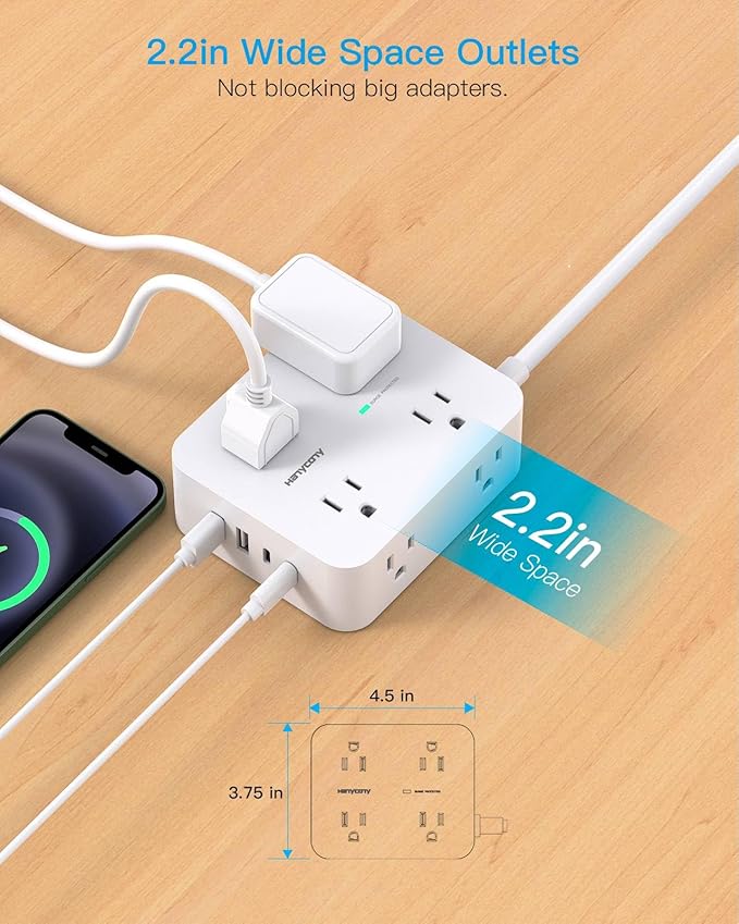 Extension Cord 10 Ft, HANYCONY Surge Protector Power Strip with 8 Widely Outlets 4 USB Ports (2 USB C), 3-Side Outlet Extender Strip, Wall Mount, Ideal for Home Office College Dorm Room Essentials