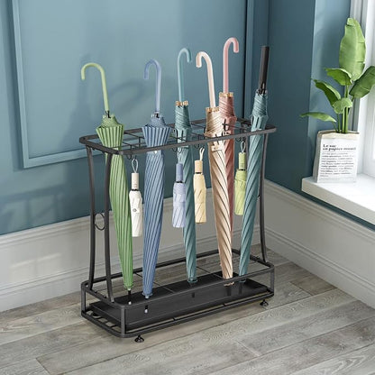 Metal Umbrella Holder Stand with Removable Drip Tray, Industrial Free Standing Umbrella Rack Organizer for Entryway Home Office Patio Decor(21 Slots 24 Hooks, Black)