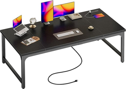 Huuger 63 x 31.5 inch Desk with Power Outlets & USB-C, 0.95 Inch Thicker Desktop, Robust Metal Tubes, Deep Computer Desk, Heavy Duty Office Work Desk, for Home Office, Black