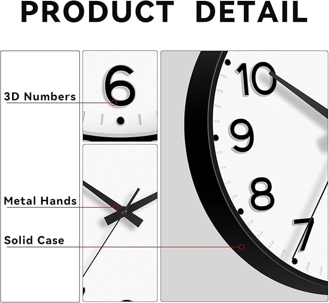 Roymnie Wall Clock 12 Inch Silent Wall Clocks Battery Operated-Modern Non Ticking Analog Clock Decorative for Kitchen Bedroom Office (Black)
