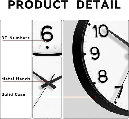 Roymnie Wall Clock 12 Inch Silent Wall Clocks Battery Operated-Modern Non Ticking Analog Clock Decorative for Kitchen Bedroom Office (Black)