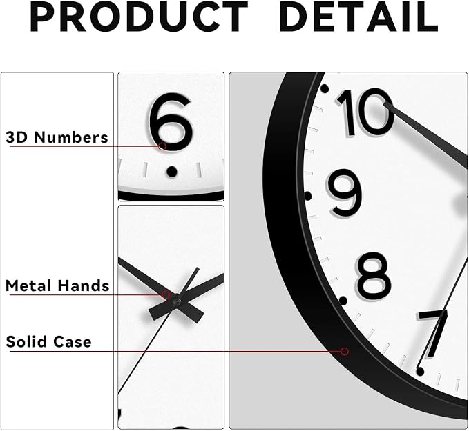 Roymnie Wall Clock 10 Inch Silent Wall Clocks Battery Operated-Modern Non Ticking Analog Clock Decorative for Kitchen Bedroom Office (Black)