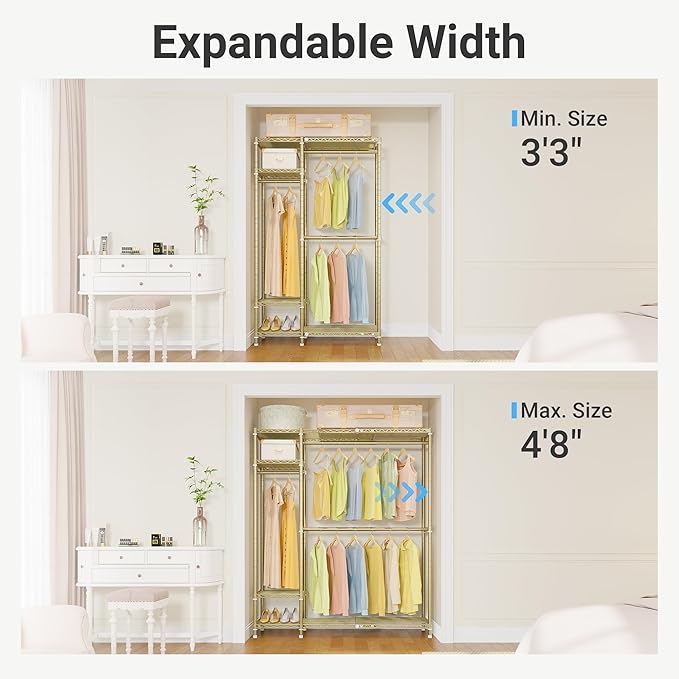 VIPEK X20 Expandable Metal Clothing Rack Adjustable from 3'3" to 4'8" Heavy Duty Garment Racks with Adjustable Shelves and Hanger Rods Portable Wardrobe Open Closet Rack System, Gold