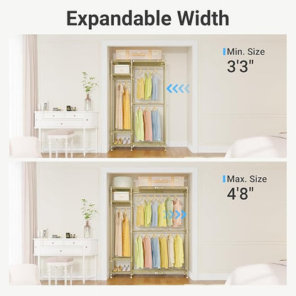 VIPEK X20 Expandable Metal Clothing Rack Adjustable from 3'3" to 4'8" Heavy Duty Garment Racks with Adjustable Shelves and Hanger Rods Portable Wardrobe Open Closet Rack System, Gold