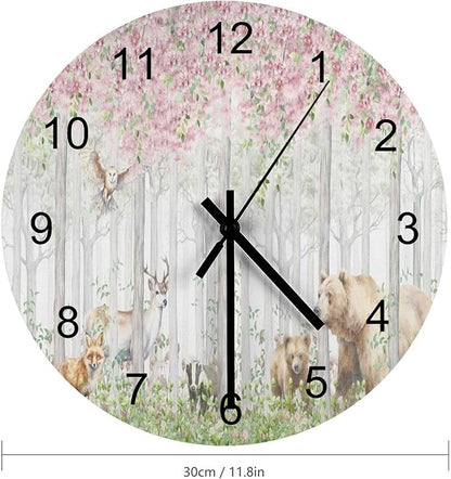 Forest Wall Clock Silent Non Ticking Battery Operated, Cartoon Nature Forest Flower Animal Bear, Deer, Fox, Rabbit Clock Decorative for Bathroom Kitchen Bedroom Living Room(12 Inch)
