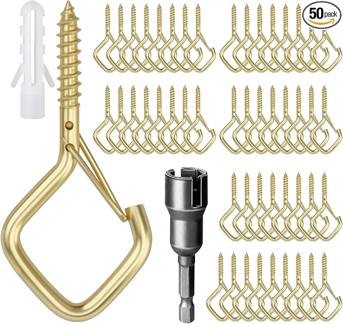 50 Pcs Outdoor Hooks for String Lights,Screw Hooks for Hanging Plants,Ceiling Hooks with Safety Buckle,Square Hanger for Wind Chimes,Bird Feeder,Lanterns,Christmas Decorations (Gold)