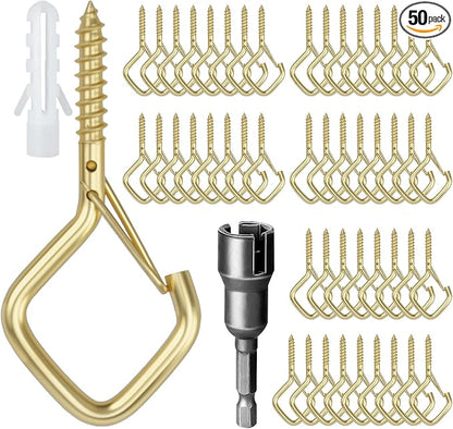 50 Pcs Outdoor Hooks for String Lights,Screw Hooks for Hanging Plants,Ceiling Hooks with Safety Buckle,Square Hanger for Wind Chimes,Bird Feeder,Lanterns,Christmas Decorations (Gold)