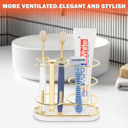 Toothbrush Holder Stand for Bathroom, Metal Toothbrush Organizer with Marble Base, Toothbrush Storage Collection for Family, Suitable for Home Hotel Countertop Vanity (Medium, Gold)