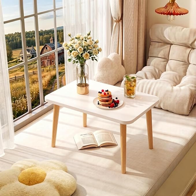 Square Coffee Table Low Table with 4 Solid Wood Sturdy Legs,Floor Table Desk for Sitting on The Floor,19.7"D x 31.5"W x 16"H Inches,Living Room/Toy room Furniture,Rental house Furniture (White-Square)