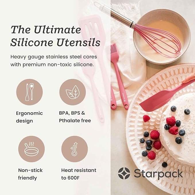 Starpack 'Flip & Whip' Premium Silicone Baking Utensils Set (5 Pcs) - 10" Pink Cooking Utensils with Large and Small Spatulas, Whisk and Basting Brush - Heat Resistant to 600°F - Baking Tool Set