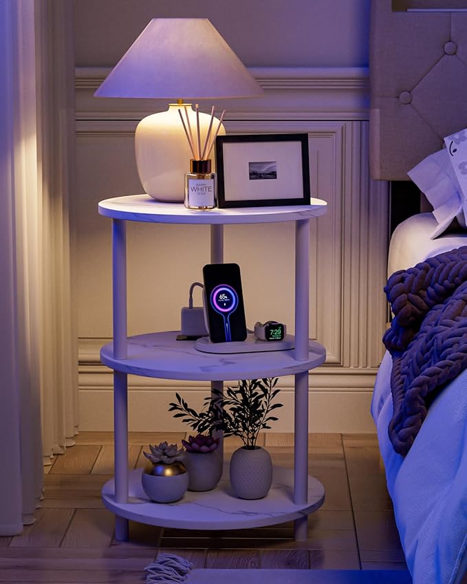 XBurmo Small Round End Table - 3 Tier Design Accent Table, Narrow Side or Bedside Stand, Industrial Vintage Table for Small Spaces, Built-in USB Ports and Power Outlet, Marble White
