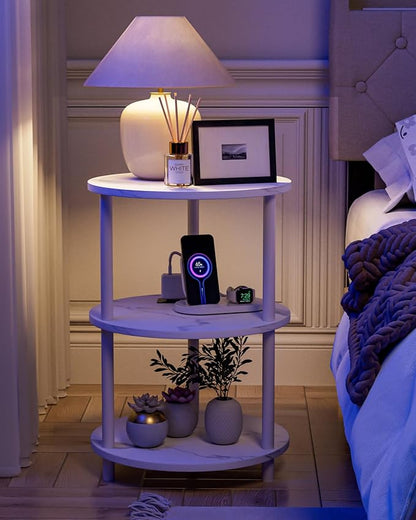 XBurmo Small Round End Table - 3 Tier Design Accent Table, Narrow Side or Bedside Stand, Industrial Vintage Table for Small Spaces, Built-in USB Ports and Power Outlet, Marble White