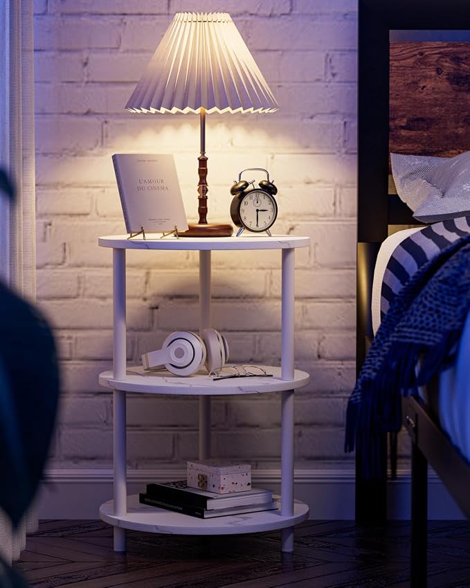 XBurmo Small Round End Table - 3 Tier Design Accent Table, Narrow Side or Bedside Stand, Industrial Vintage Nightstand for Bedroom, Living Room, or Small Spaces, Set of 2, Marble White