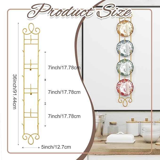 Blulu 2 Pcs Wall Mounted Tea Cup & Saucer Display Rack, 4-tier Metal Mug Holder with Plate Hangers, Decorative Wall Storage for Kitchen, Gift&Coffee Bar Display, 36'' x 5'' (Gold)