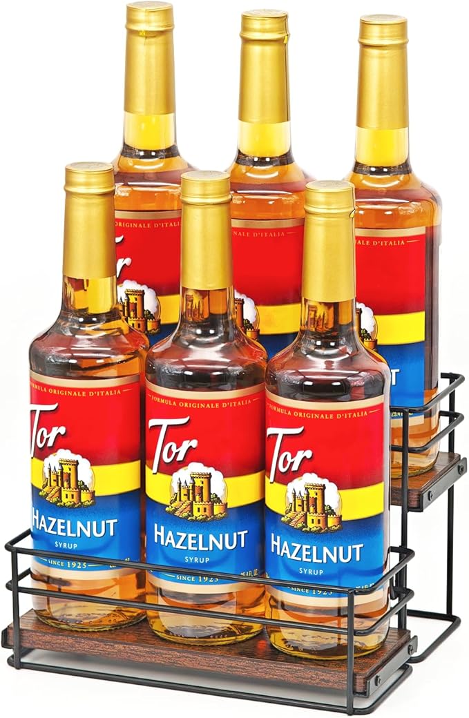 6 Bottle Capacity Coffee Syrup Rack Organizer, 2 Tier Coffee Syrup Stand Shelf, Storage Shelves for Coffee Bar, Small Wine Rack for Bar Family Storage for Syrup Wine Dressing