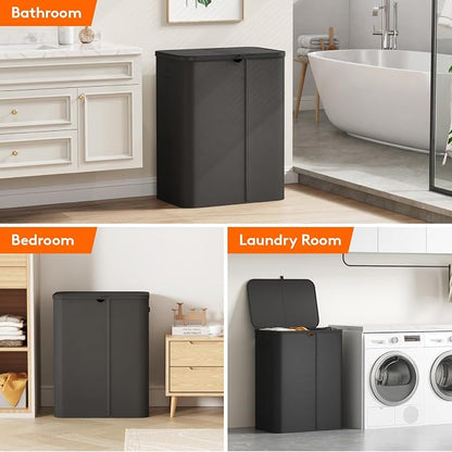 Lifewit 185L 3 Section Laundry Hamper with Lid, Large Laundry Basket with Handles and Removable Bags, Tall Clothes Hamper, Foldable Laundry Sorter for Bedroom Bathroom, Black