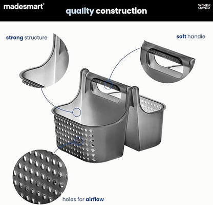 madesmart Large Portable Shower Caddy, Hold Soap, Shampoo, Hair Supplies and Beauty Products, Cleaning Supplies Organizer for Home, Dorm, Plastic Shower Tote, Soft Handle, Carbon