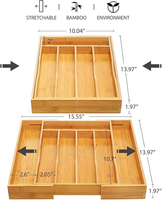 2-Piece Bamboo Silverware Organizer, Expandable Kitchen Drawer Organizer for Cutlery and Utensils, Multifunction Adjustable Bamboo Wood Cutlery Tray in Drawer for Flatware, (Natural)