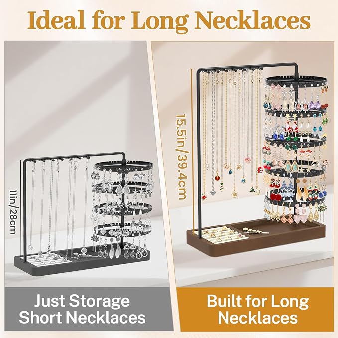 MODOWEY Earring Holder Organizer Jewelry Stand, 285 U-Slots Adjustable Rotating Earring Tree Rack, 14 Hooks Tall Necklace Display for Women, 5 Tier Compact Large Capacity Tower with Ring Tray, Black