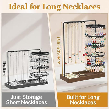 MODOWEY Earring Holder Organizer Jewelry Stand, 285 U-Slots Adjustable Rotating Earring Tree Rack, 14 Hooks Tall Necklace Display for Women, 5 Tier Compact Large Capacity Tower with Ring Tray, Black