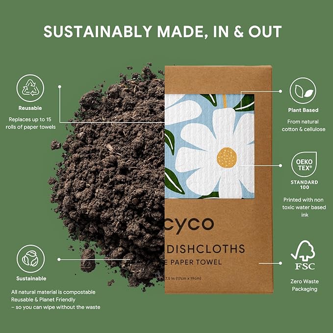 RECYCO Swedish Dishcloths for Kitchen | 5 Pack Daisy Dreams Washable Dish Rags | Cellulose Reusable Cleaning Paper Towels | Absorbent Counter Dish Cloth Sponge Kitchen Wipes, 8" L x 7" W