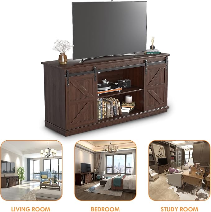 JUMMICO TV Stand for 65 Inch TV, Entertainment Center with Storage Cabinets and Sliding Barn Doors, Mid Century Modern Media TV Console Table for Living Room Bedroom (Brown)
