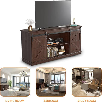 JUMMICO TV Stand for 65 Inch TV, Entertainment Center with Storage Cabinets and Sliding Barn Doors, Mid Century Modern Media TV Console Table for Living Room Bedroom (Brown)