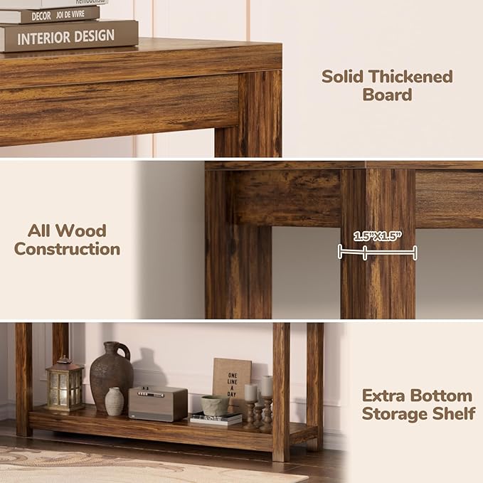 47" Farmhouse Wood Entryway Table Narrow Console Table with Storage Behind Couch Sofa Table with Shelves Entry Way Table with Open Storage, Easy Assembly, Rustic Brown