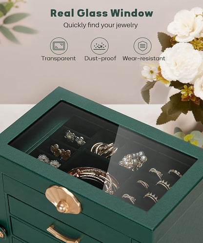 Jewelry Box with 3 Drawers: Display Organizer for Earrings Necklaces - Gifts for Girls Women (Forest Green)